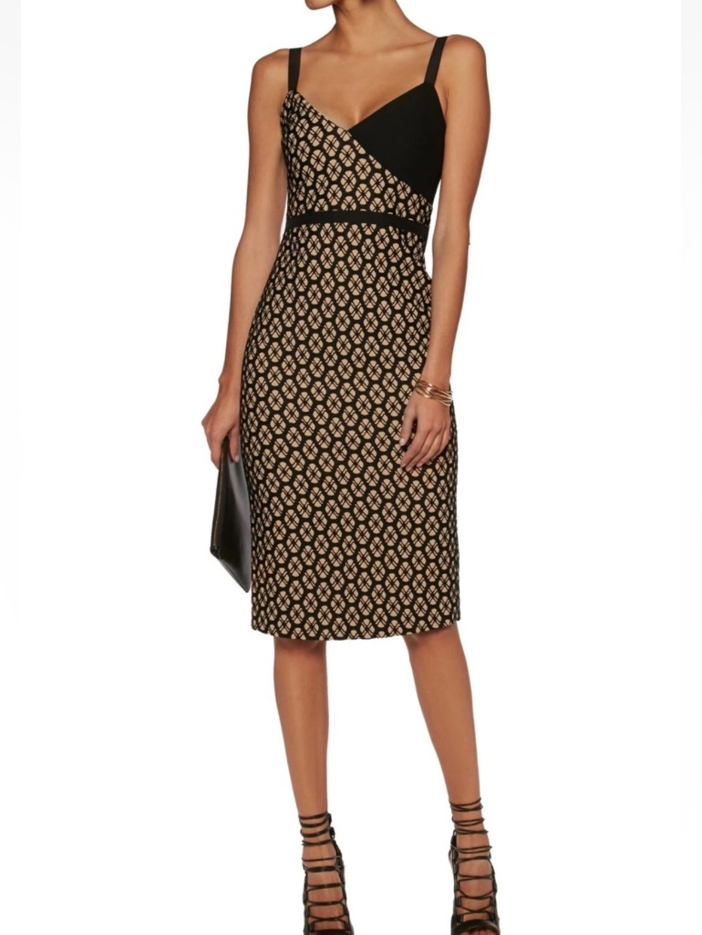 Cinq a Sept Sleeveless Black and Beige Patterned Sheath Dress size 2